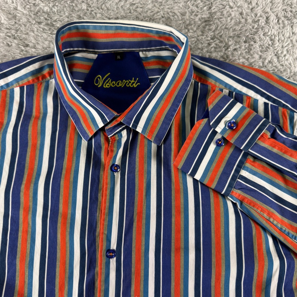 Visconti Mens XL Multi Color Striped Long Sleeve Button Down Shirt Blue Orange